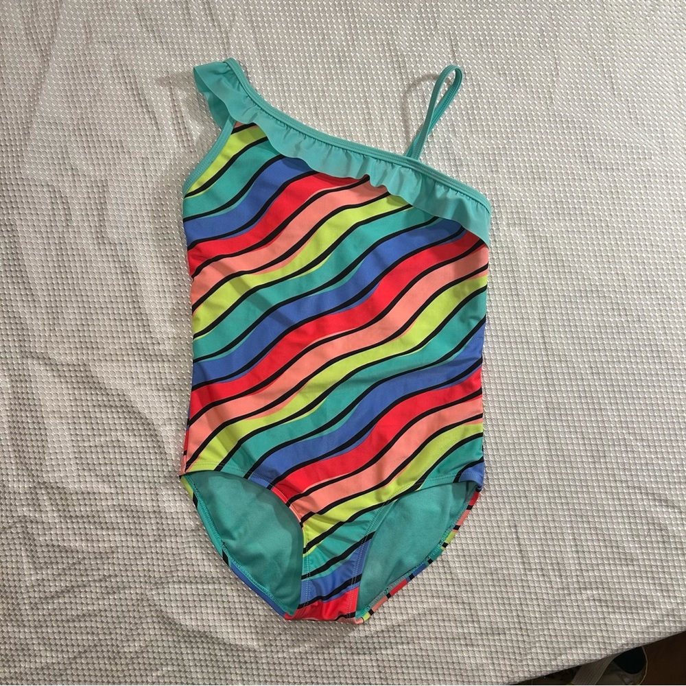 Colorful, striped one piece swimsuit, size 12 (S01)